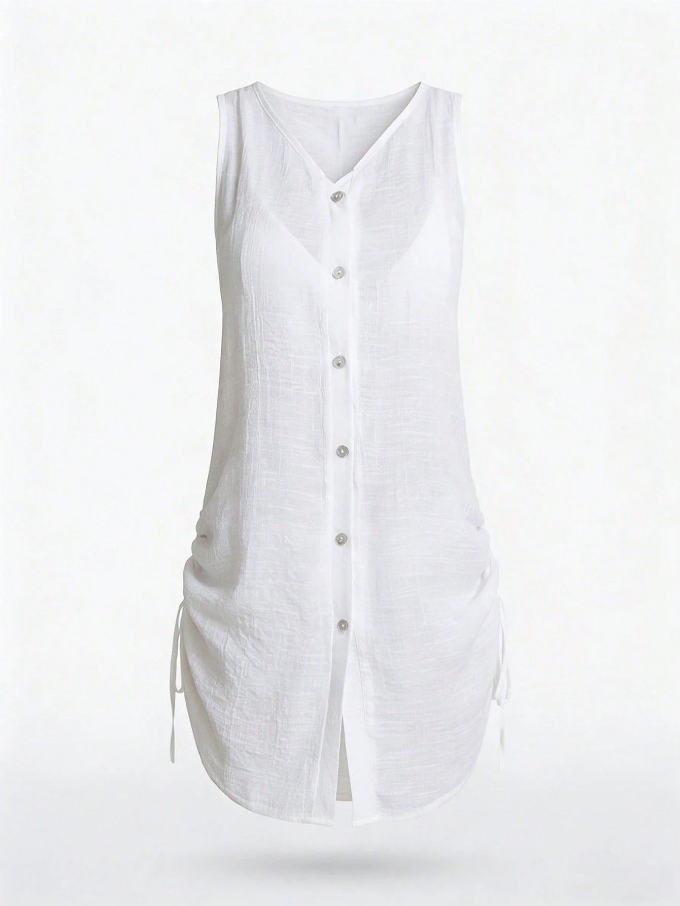SHEIN Swim Lushoire Women Plain Color Single-Breasted Sleeveless Kimono Cover Up