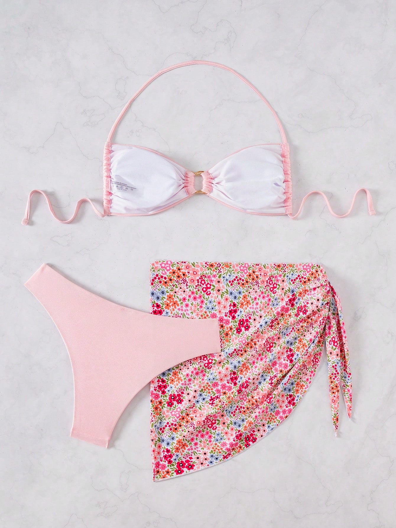 SHEIN Swim Mod 3-Piece Women's Swimwear Set,Shiny Baby Pink Bikini With Metal Embellishment,Random Printed Beach Skirt,