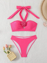 SHEIN Swim Mod Elegant 3D Floral Decor Halter Tie Summer Swimwear Bikini Set, Casual Beach Wear