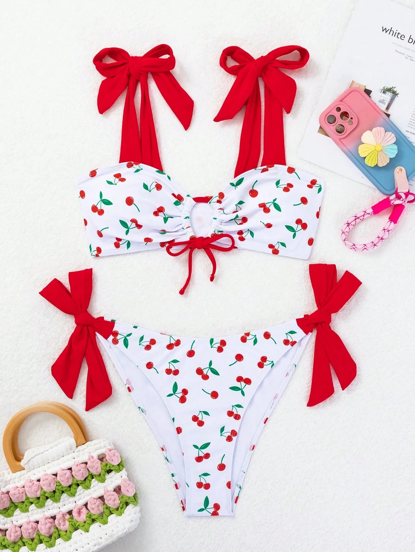 SHEIN Swim Mod Women Sexy Cherry Print Tied Bikini Set Summer