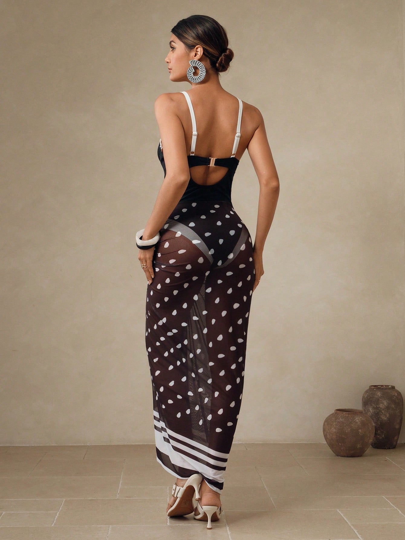 SHEIN Swim Oasis 1pc Elegant Black & White Polka Dot Push-Up One Piece Swimsuit