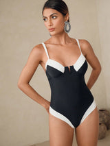 SHEIN Swim Oasis 1pc Elegant Black & White Polka Dot Push-Up One Piece Swimsuit