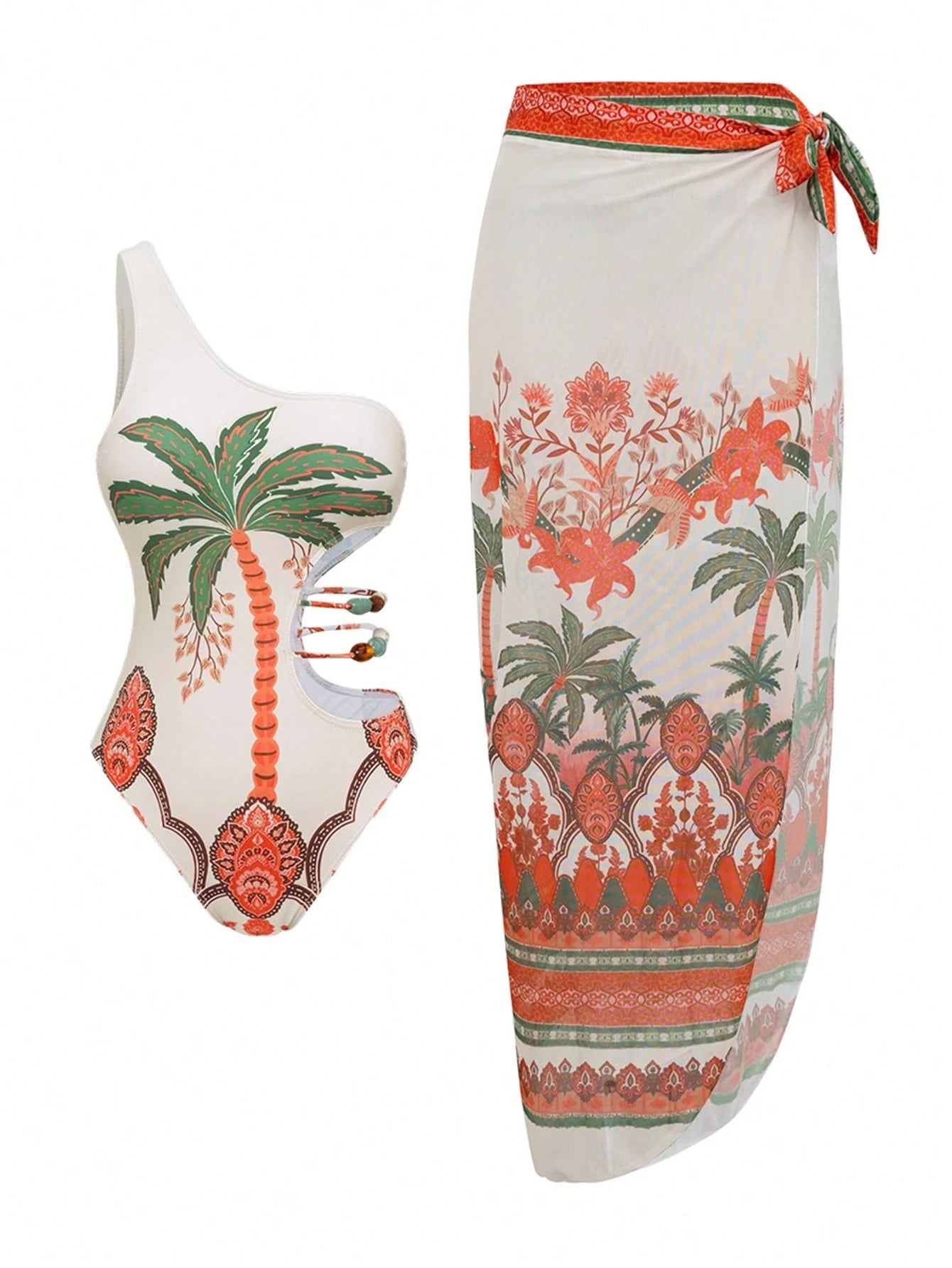 SHEIN Swim Oasis 1pc Women's One-Piece Swimsuit With Elegant Coconut Tree Design