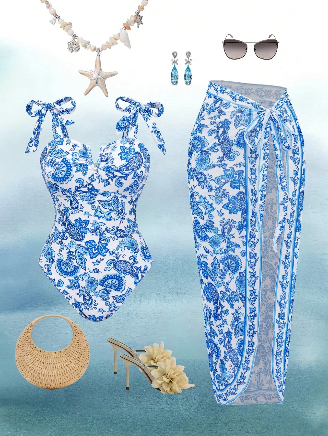 Blue and white patterned swimsuit with matching sarong, accessories on a light blue gradient background.