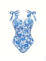 مايوه SHEIN Swim Oasis 26SS لربيع وصيف 26SS، شاطئي ومنتجعي أنيق راقٍ مطبوع بنقشة الزخارف الصينية المصنوعة من السيراميك قطعة واحدة