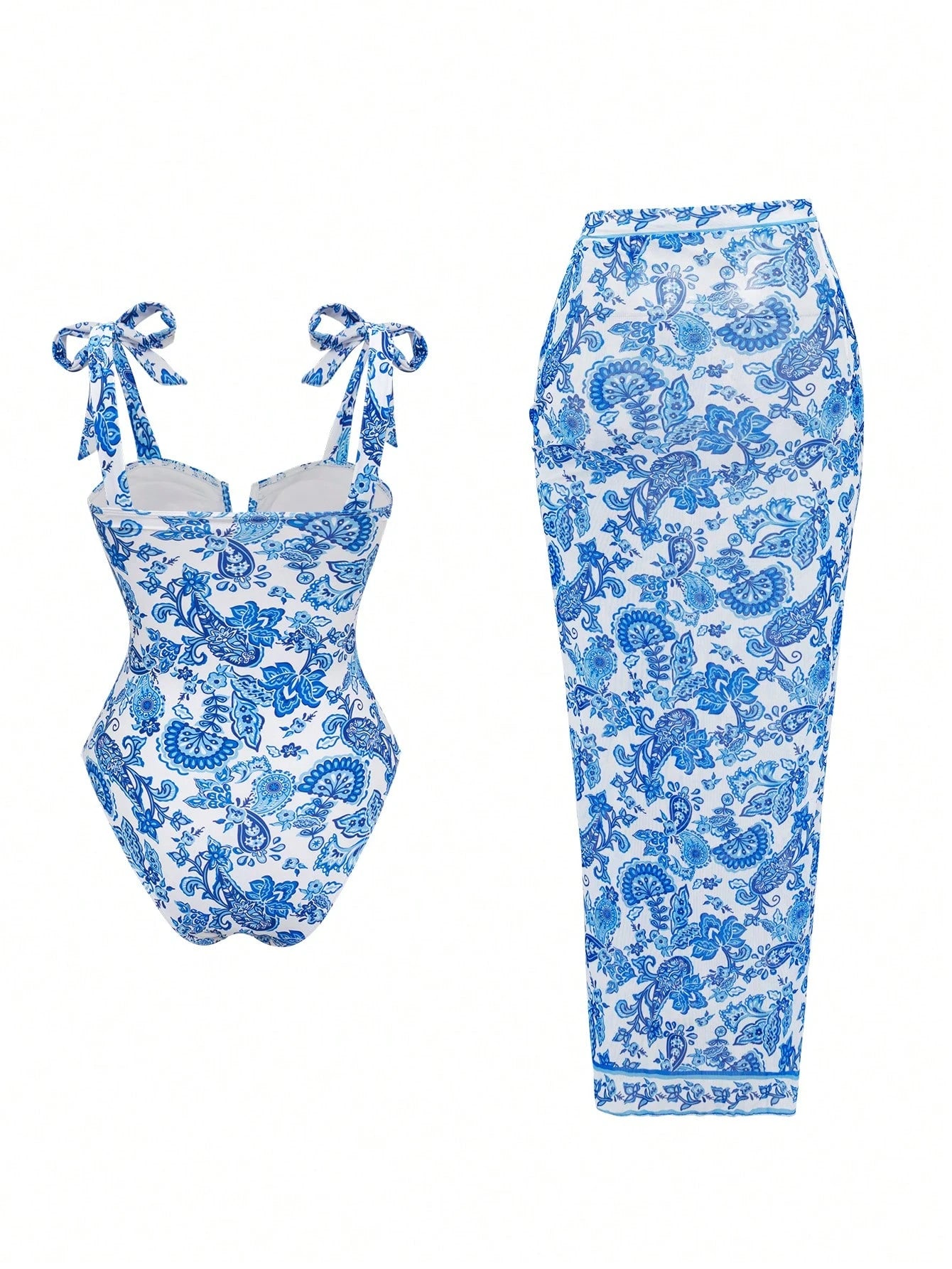 مايوه SHEIN Swim Oasis 26SS لربيع وصيف 26SS، شاطئي ومنتجعي أنيق راقٍ مطبوع بنقشة الزخارف الصينية المصنوعة من السيراميك قطعة واحدة