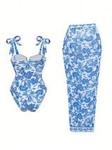 مايوه SHEIN Swim Oasis 26SS لربيع وصيف 26SS، شاطئي ومنتجعي أنيق راقٍ مطبوع بنقشة الزخارف الصينية المصنوعة من السيراميك قطعة واحدة