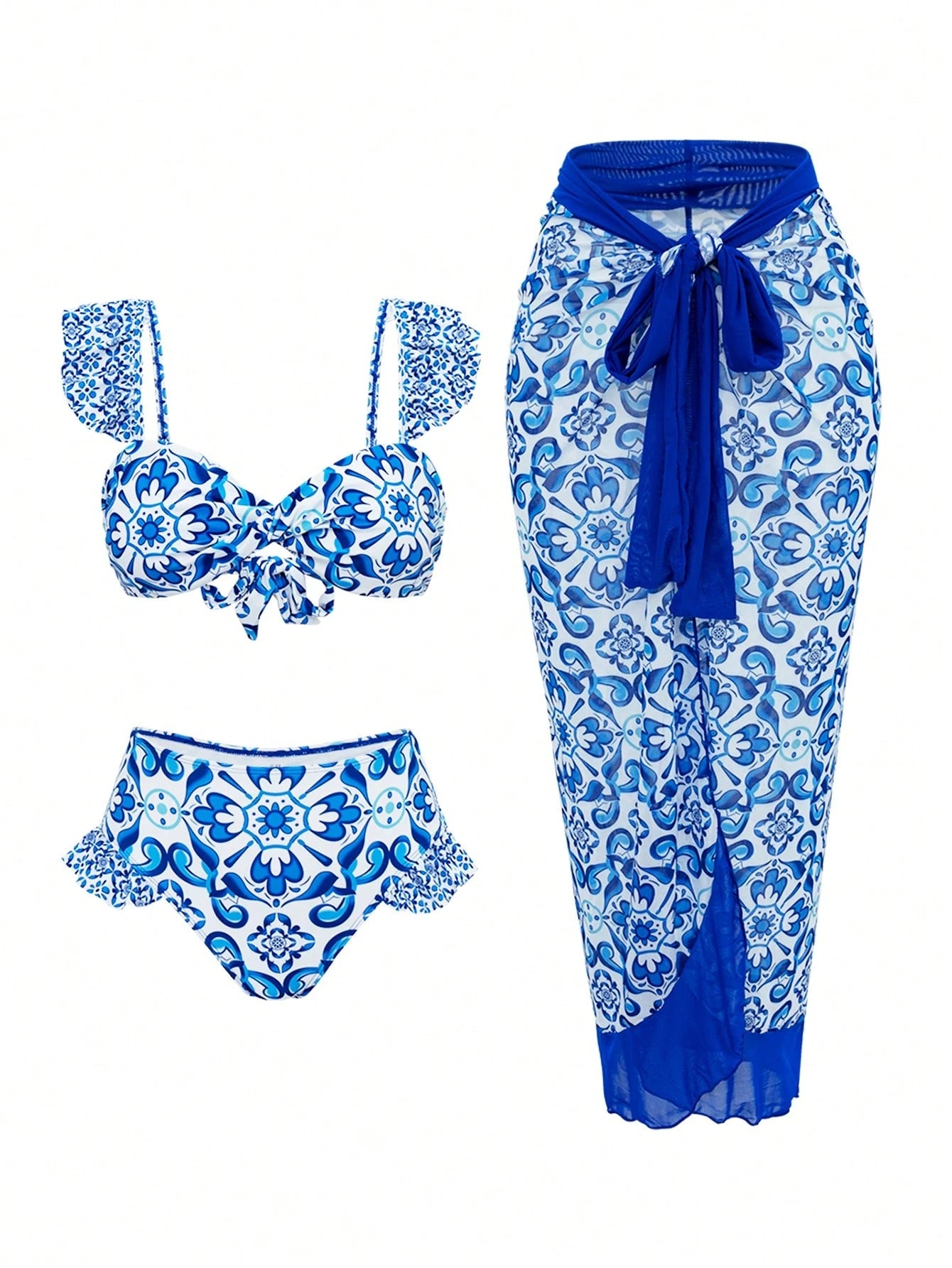 SHEIN Swim Oasis 3pcs/Set Women Knit Swimwear With Ruffled Spaghetti Strap Backless Top