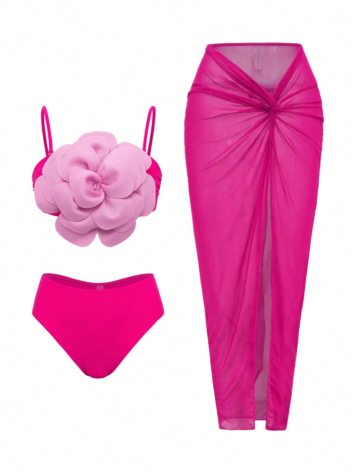 SHEIN Swim Oasis Springbreak 3-Piece Solid Color Floral 3D Print Bandeau Crop Top, Bikini