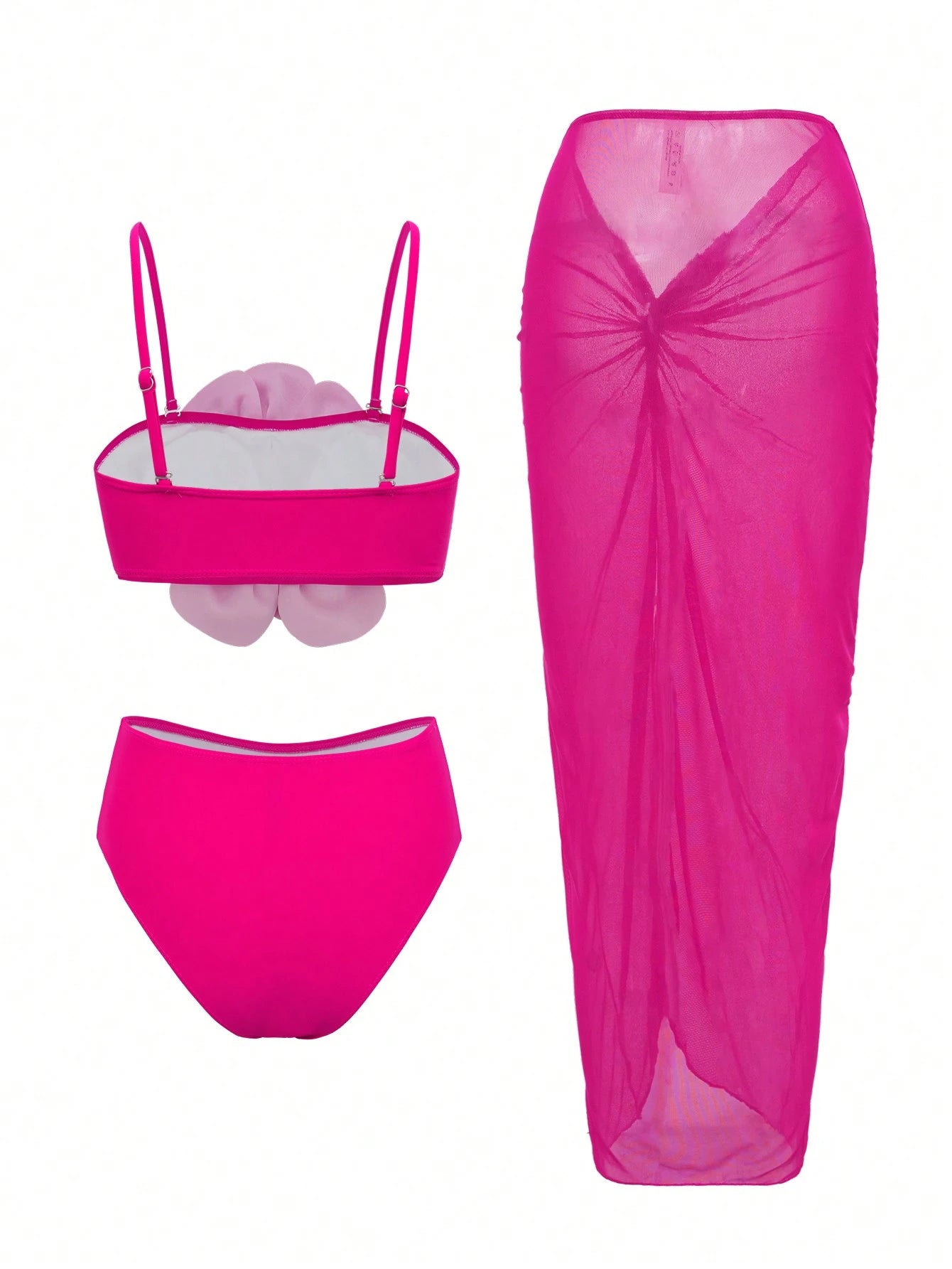 SHEIN Swim Oasis Springbreak 3-Piece Solid Color Floral 3D Print Bandeau Crop Top, Bikini