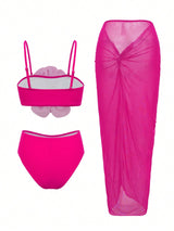 SHEIN Swim Oasis Springbreak 3-Piece Solid Color Floral 3D Print Bandeau Crop Top, Bikini