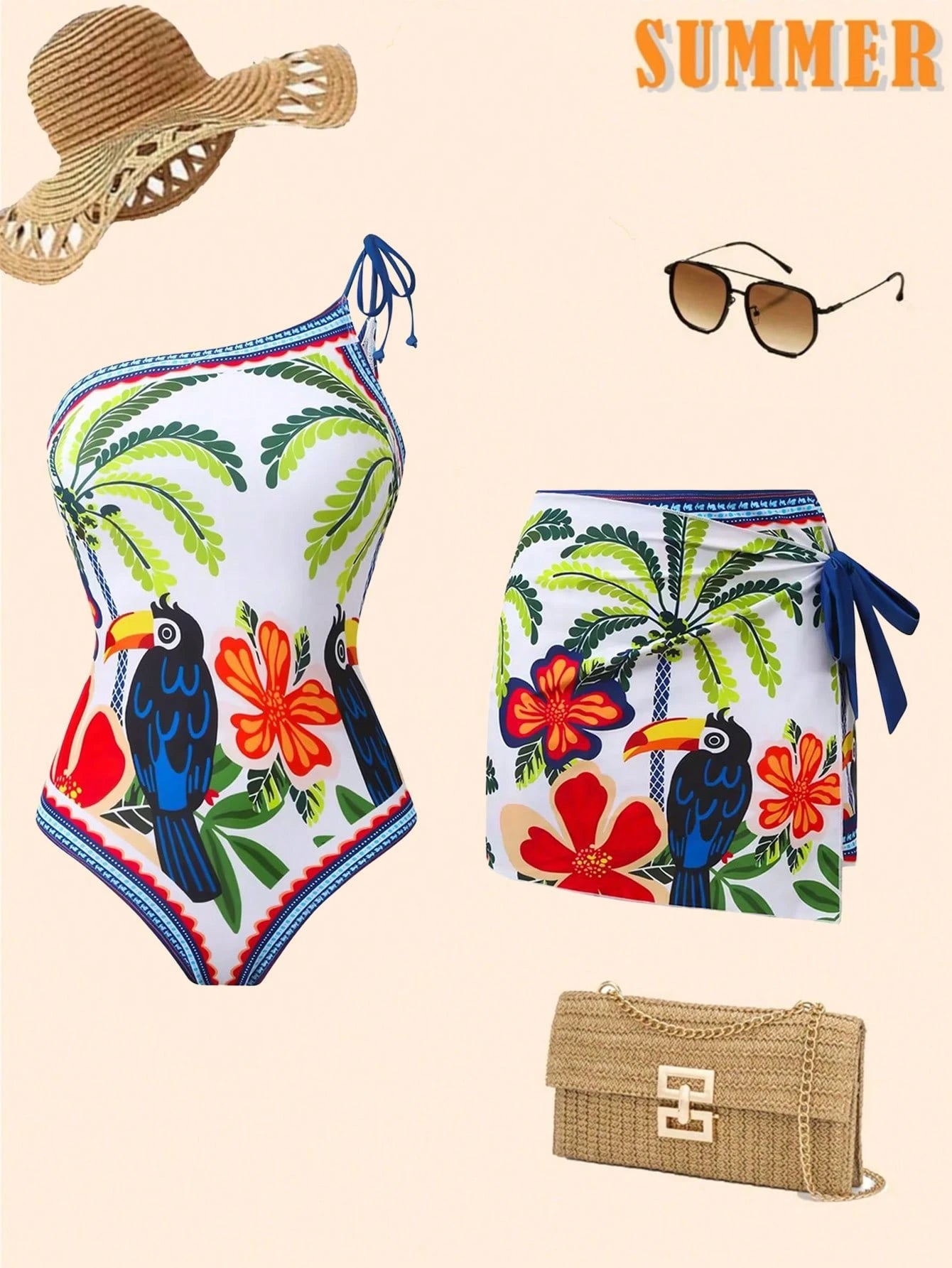 Tropical-themed swimsuit set with a hat, sunglasses, and bag on a beige background.