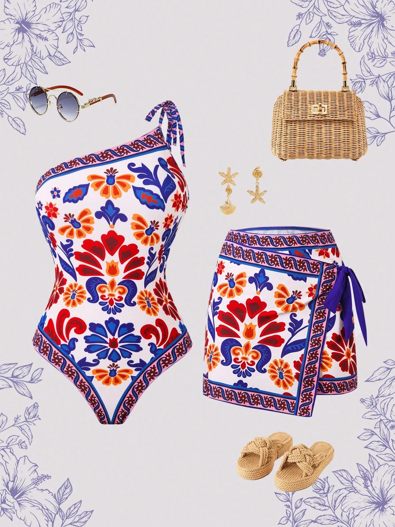 Swim Oasis Women's Bohemian Style Print One-Piece Swimsuit With Sexy Asymmetrical Shoulder Tie Straps 