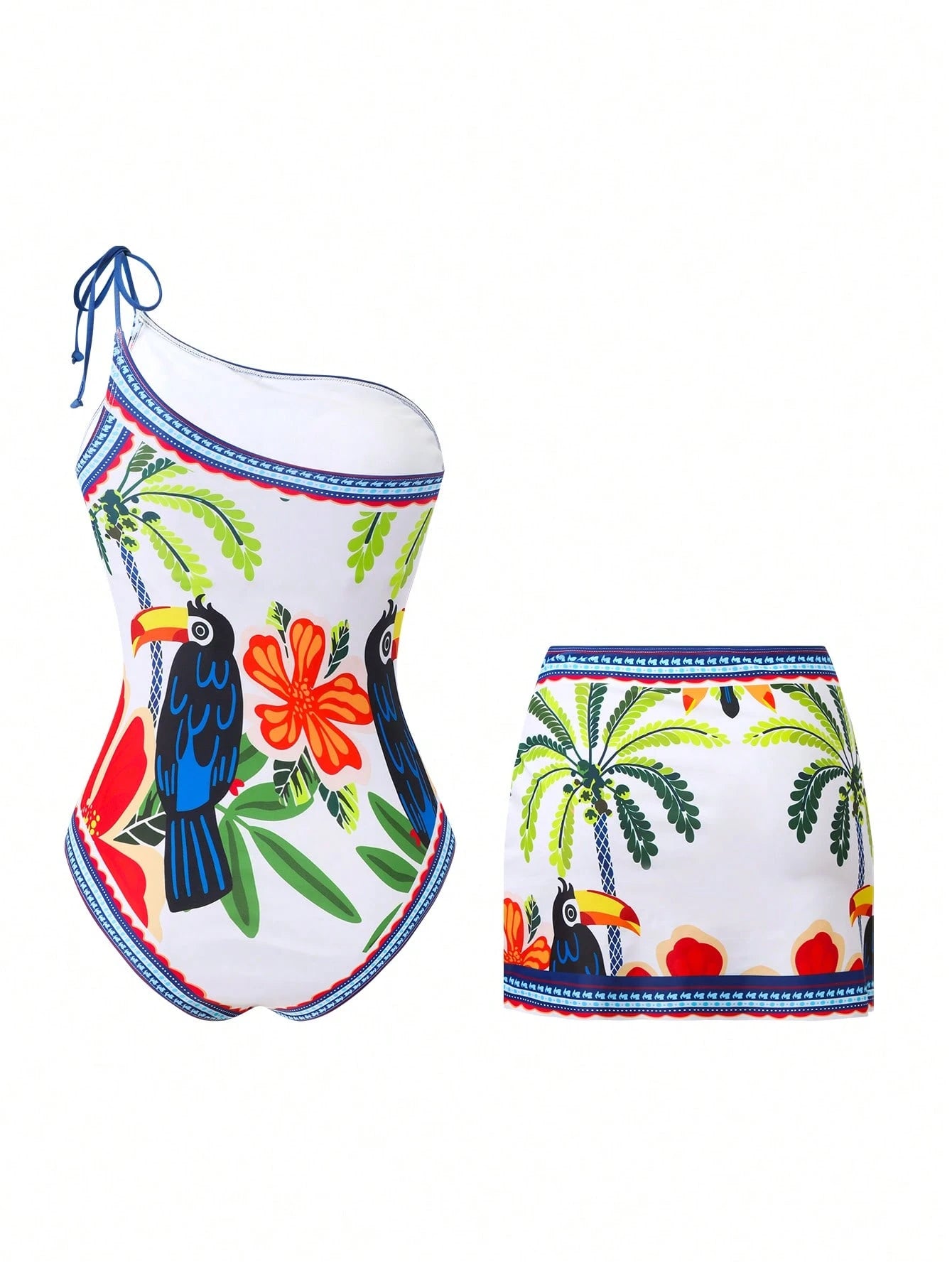 SHEIN Swim Oasis Women's 2pcs Tropical Print Sexy Vintage Romantic High-End Fashion Swimsuit + Skirt Beach