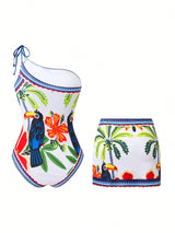 SHEIN Swim Oasis Women's 2pcs Tropical Print Sexy Vintage Romantic High-End Fashion Swimsuit + Skirt Beach