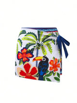 SHEIN Swim Oasis Women's 2pcs Tropical Print Sexy Vintage Romantic High-End Fashion Swimsuit + Skirt Beach