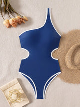 SHEIN Swim SPRTY بيكيني نسائي صيفي للشاطئ لقضاء العطلات، بتصميم أزرق وأبيض متباين الألوان من القماش، برباط عنق وبدون ظهر وخصر مرتفع