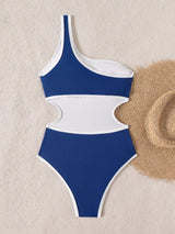 SHEIN Swim SPRTY بيكيني نسائي صيفي للشاطئ لقضاء العطلات، بتصميم أزرق وأبيض متباين الألوان من القماش، برباط عنق وبدون ظهر وخصر مرتفع
