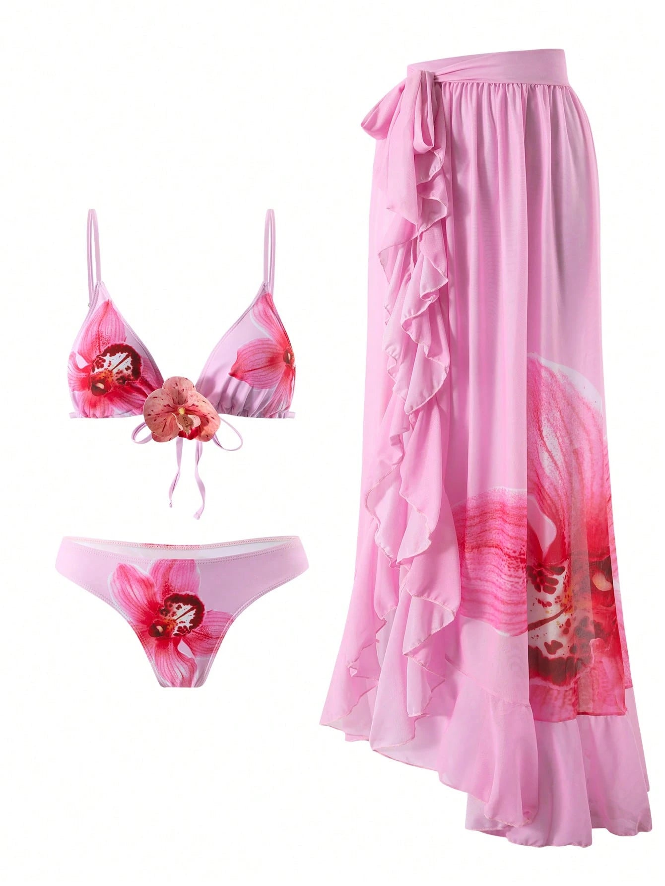 SHEIN Swim SXY 3 قطع/طقم لباس سباحة صيفي نسائي، بيكيني باللون الوردي بنقشة زهور مع بلوزة بياقة رسن وسروال سباحة وتنورة ماكسي