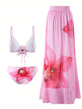 SHEIN Swim SXY 3 قطع/طقم لباس سباحة صيفي نسائي، بيكيني باللون الوردي بنقشة زهور مع بلوزة بياقة رسن وسروال سباحة وتنورة ماكسي