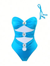 SHEIN Swim SXY One Piece Swimsuit With Detachable Straps, Shiny Fabric, Hollow Design, Metal Starfish Detail