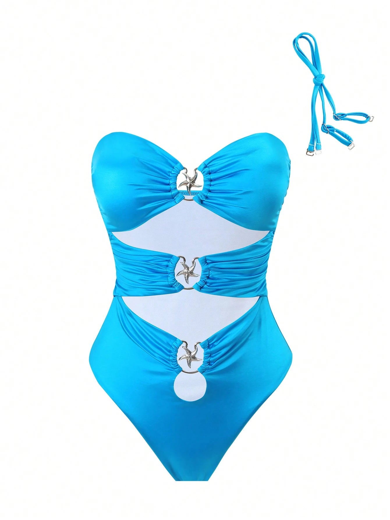 SHEIN Swim SXY One Piece Swimsuit With Detachable Straps, Shiny Fabric, Hollow Design, Metal Starfish Detail