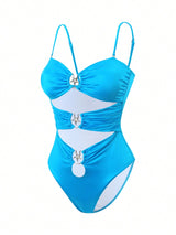 SHEIN Swim SXY One Piece Swimsuit With Detachable Straps, Shiny Fabric, Hollow Design, Metal Starfish Detail