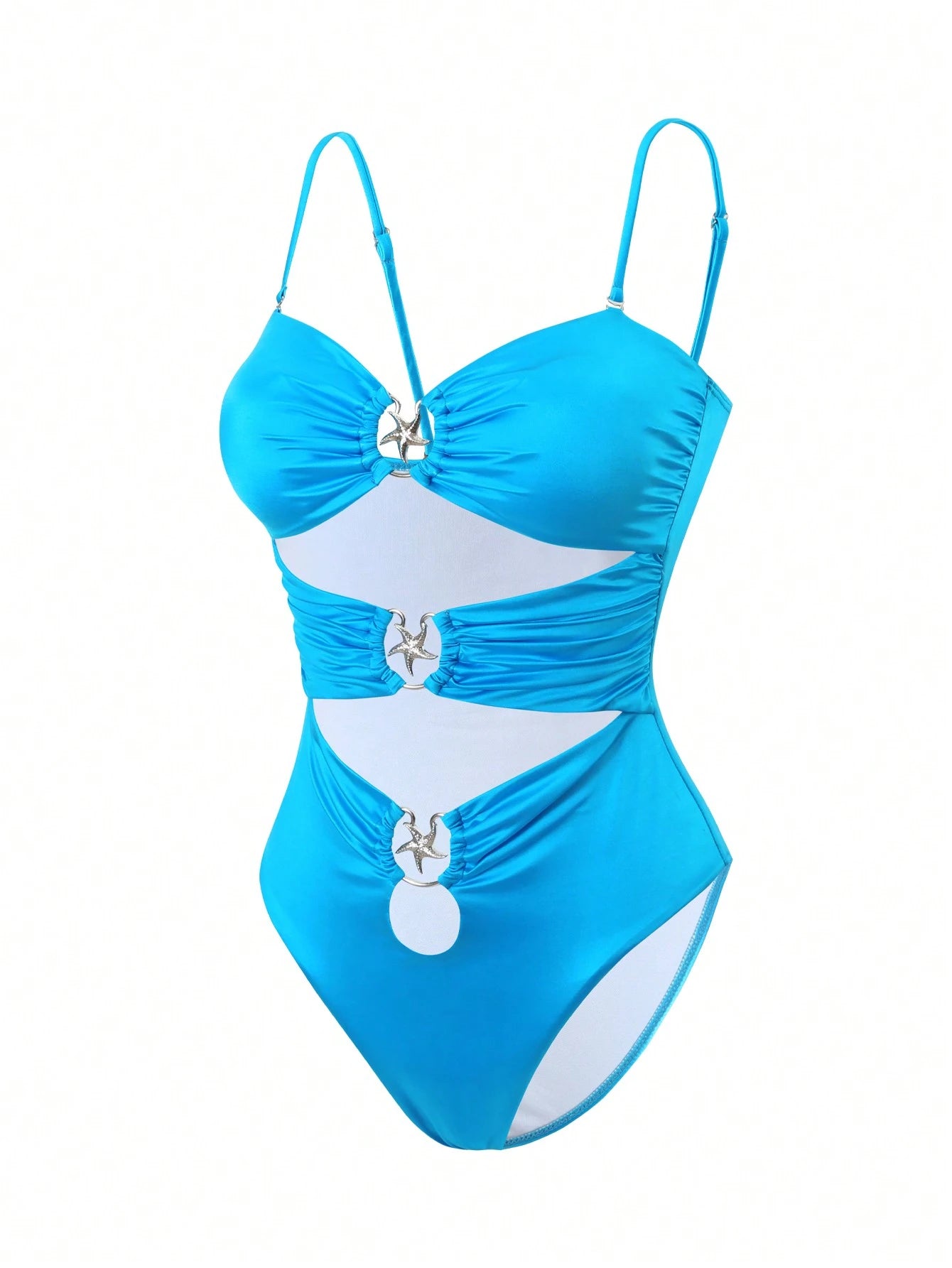 SHEIN Swim SXY One Piece Swimsuit With Detachable Straps, Shiny Fabric, Hollow Design, Metal Starfish Detail