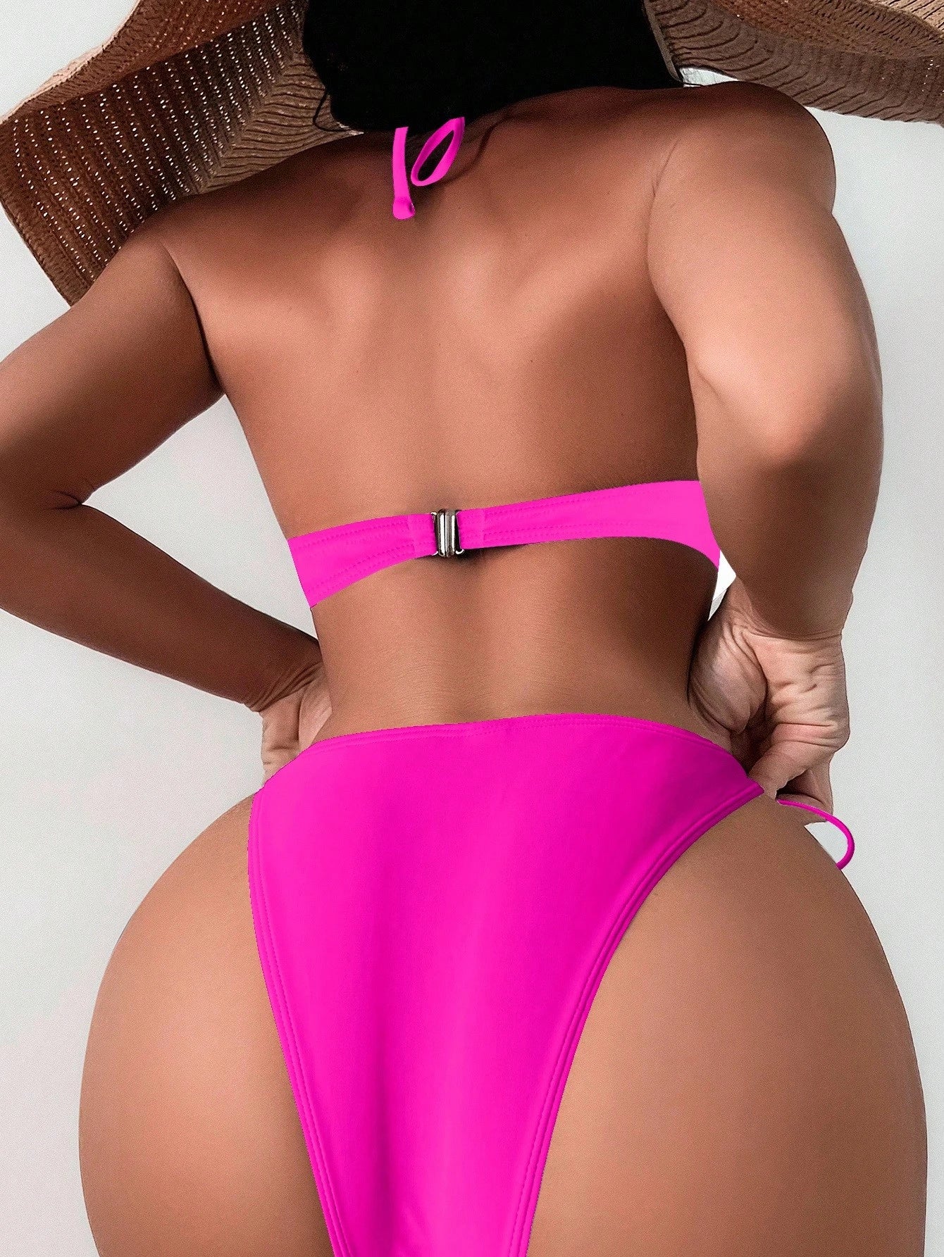 SHEIN Swim SXY Women's Solid Color Faux Pearl Decorative Neckline Chain Link Bikini