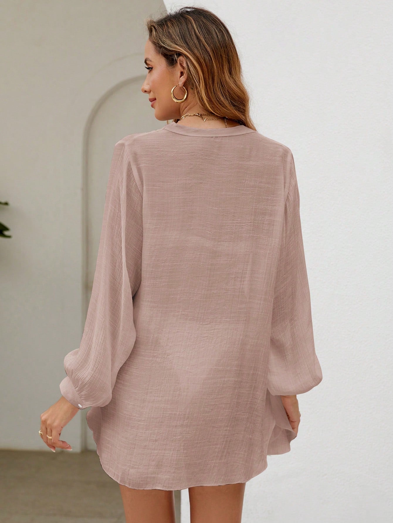 SHEIN Swim Vcay Summer Beach 1pc Rolled Sleeve Button Up Kimono Carnival Casual Blousebutton Down