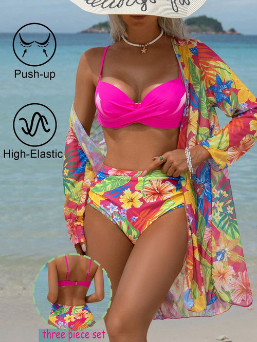 SHEIN Swim Vcay Women's Summer Beach Vacation Sexy Gathered Push-Up Bikini Set