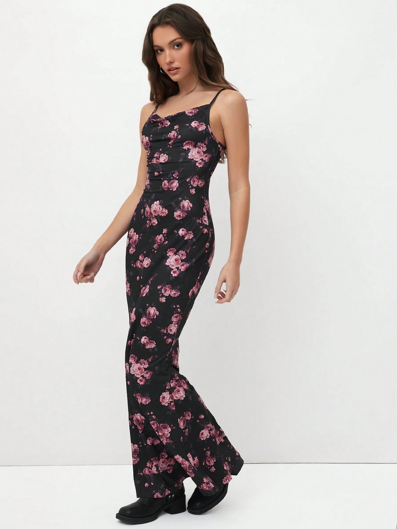 SHEIN TRNVIE Floral Draped Neck Maxi Dress For Women