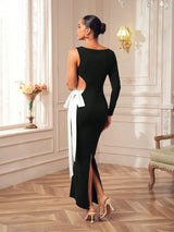 SHEIN Taranthola Designer Black Bow Side Cut-Out Single Sleeve Elegant Dress