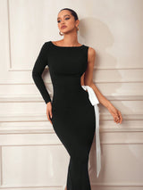 SHEIN Taranthola Designer Black Bow Side Cut-Out Single Sleeve Elegant Dress