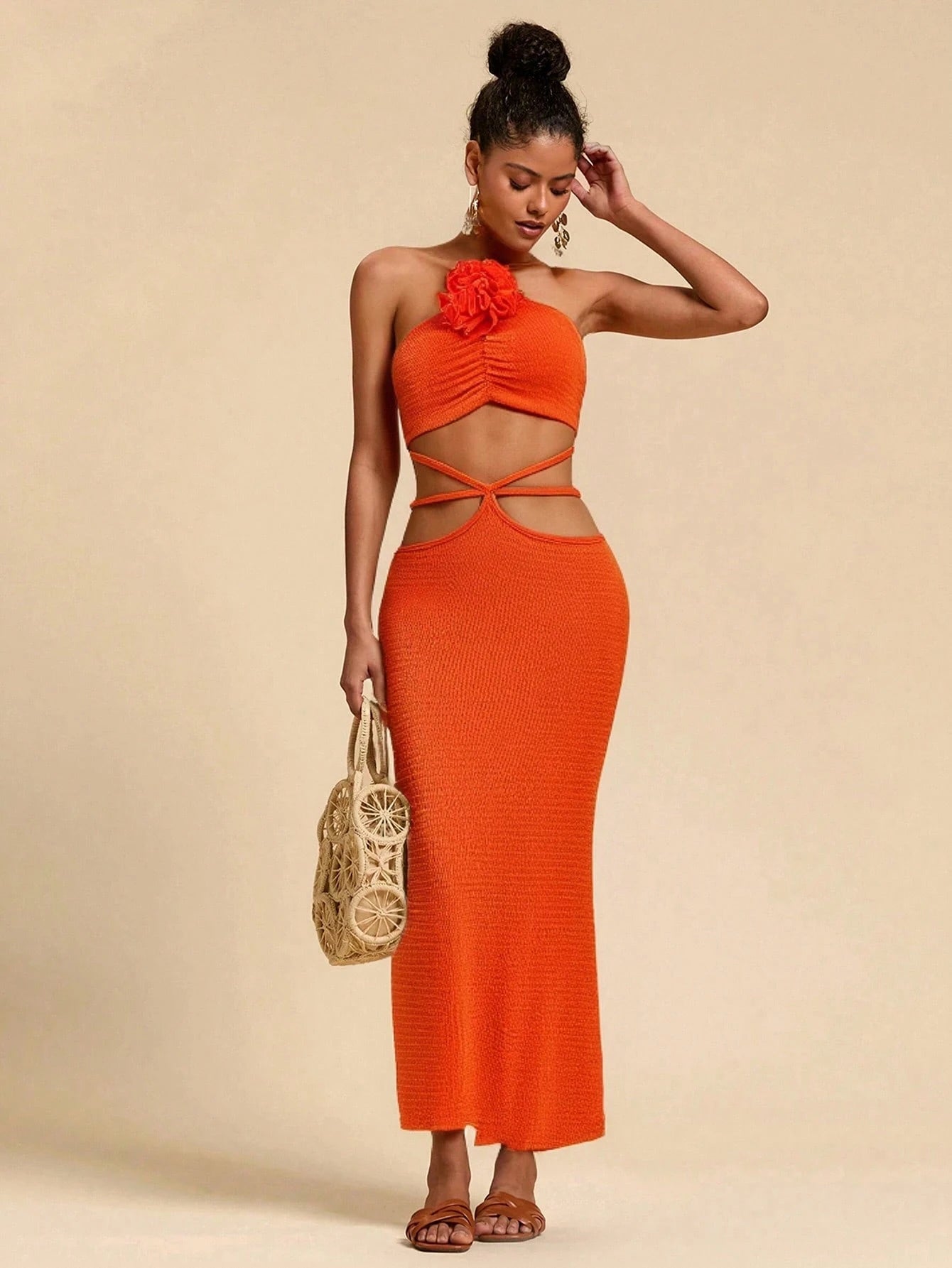 SHEIN Travachic Solid Color Three-Dimensional Flower On Neckline Knit Halter Figure-Hugging Dress For Women