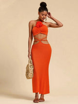 SHEIN Travachic Solid Color Three-Dimensional Flower On Neckline Knit Halter Figure-Hugging Dress For Women