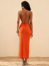 SHEIN Travachic Solid Color Three-Dimensional Flower On Neckline Knit Halter Figure-Hugging Dress