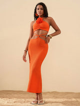 SHEIN Travachic Solid Color Three-Dimensional Flower On Neckline Knit Halter Figure-Hugging Dress