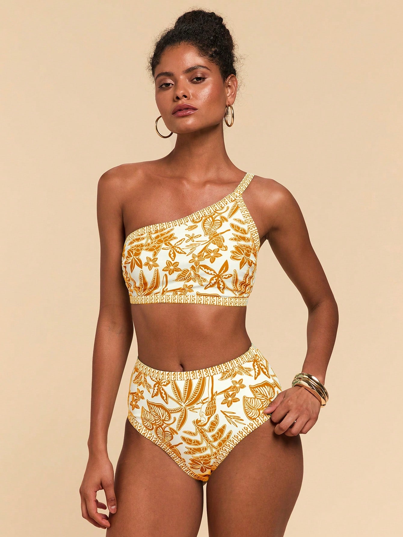 SHEIN Travachic Women's Summer Beach Vacation Floral Print One Shoulder Bikini Set