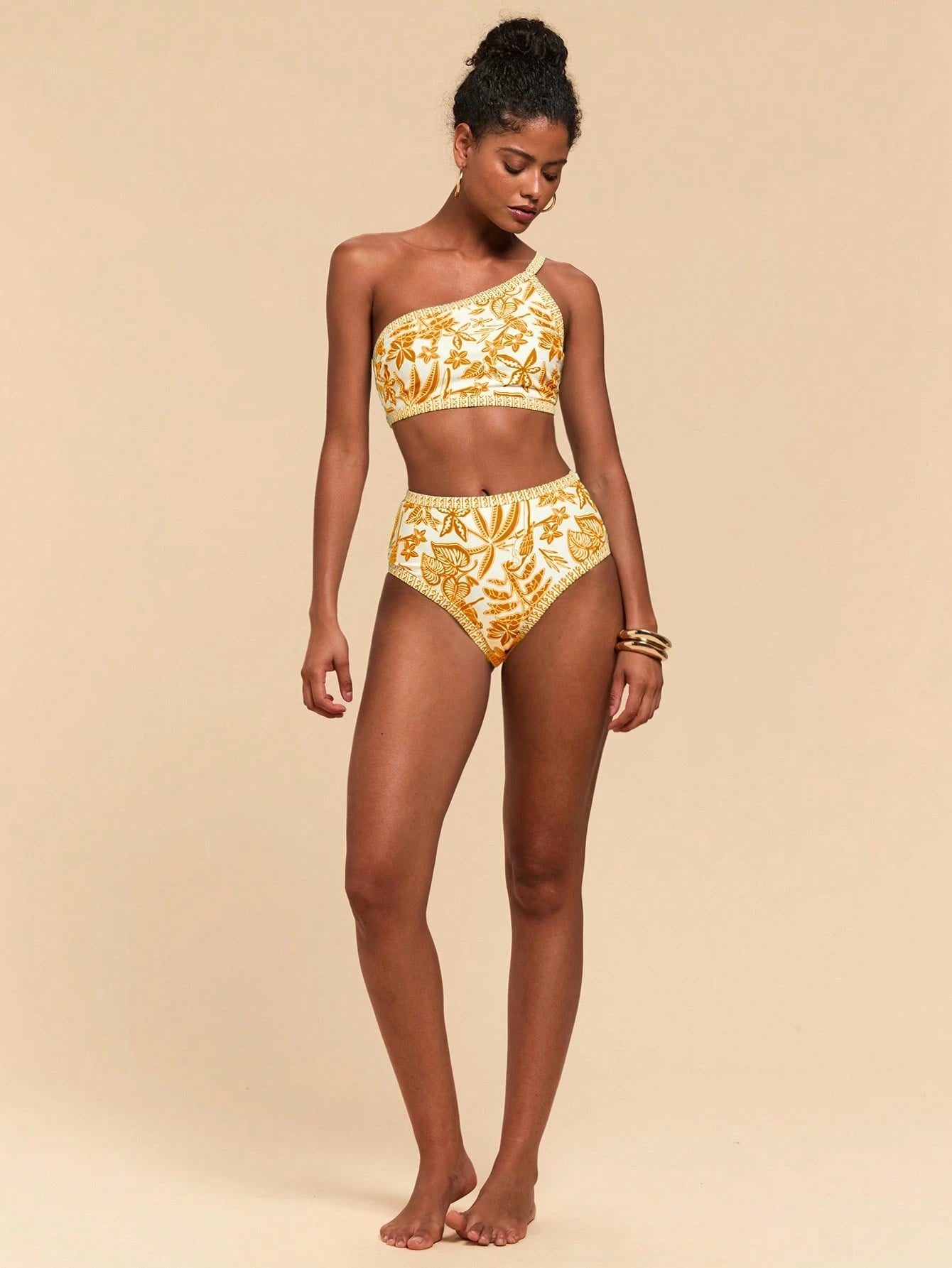 SHEIN Travachic Women's Summer Beach Vacation Floral Print One Shoulder Bikini Set