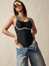 SHEIN VARSITIE 1pc Women Geometric Letter Tape Casual One-Piece Swimsuit