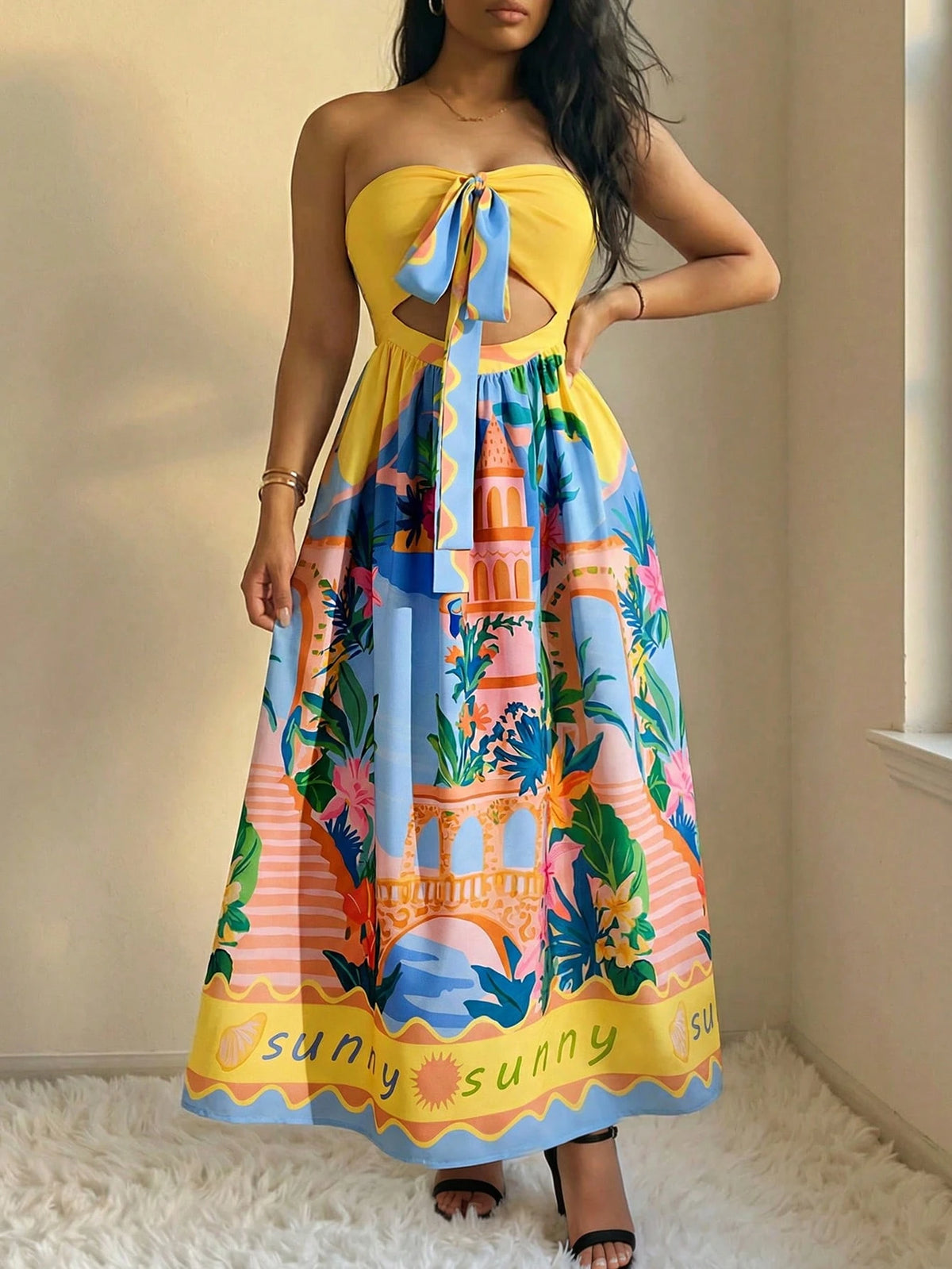 SHEIN VaVaBold 2026 Women's Yellow Summer Boho Beach Vacation Holiday Dress