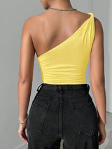 SHEIN VaVaBold Women's Solid Color Fashion Knot One Shoulder Pleated Bodysuit