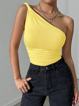 SHEIN VaVaBold Women's Solid Color Fashion Knot One Shoulder Pleated Bodysuit