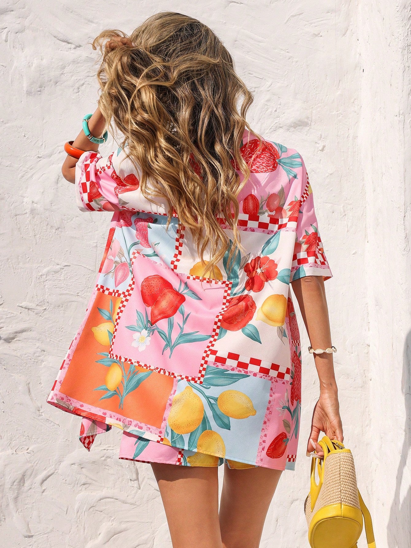 SHEIN Vivid Eden Women's Pink And Orange Summer Boho Beach Holiday Two-Piece Set,Leaf Print Kimono Shirt & Shorts Outfits,Casual Spring Vacation Outings Date Clothing