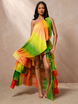 Vixey Ombre Printed Chiffon One Shoulder Asymmetrical Hem Top