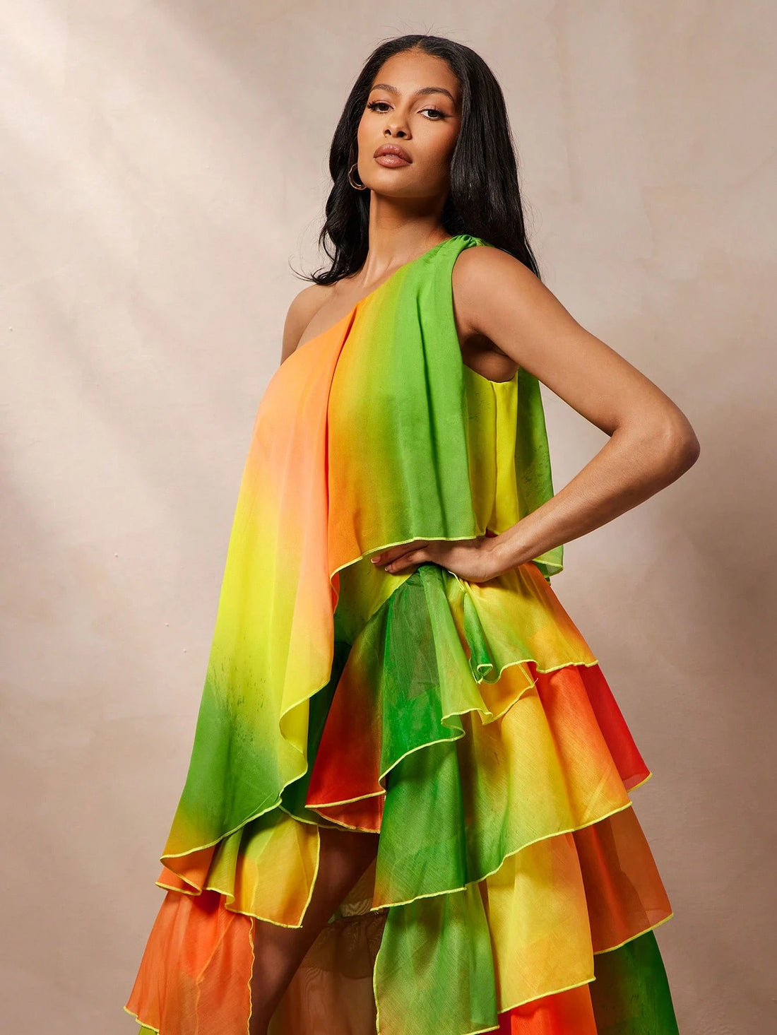 Vixey Ombre Printed Chiffon One Shoulder Asymmetrical Hem Top