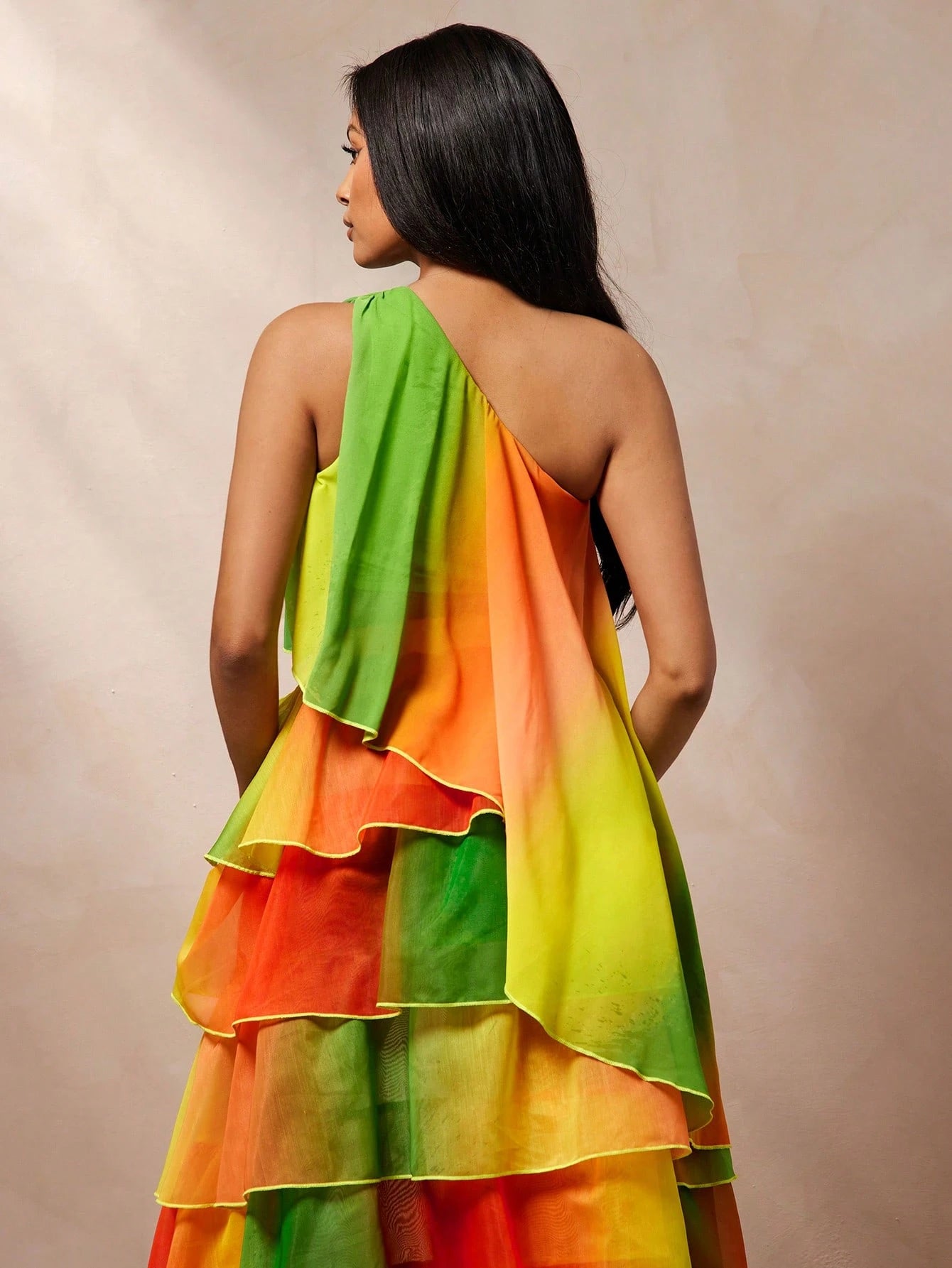 SHEIN Vixey Ombre Printed Chiffon One Shoulder Asymmetrical Hem Top