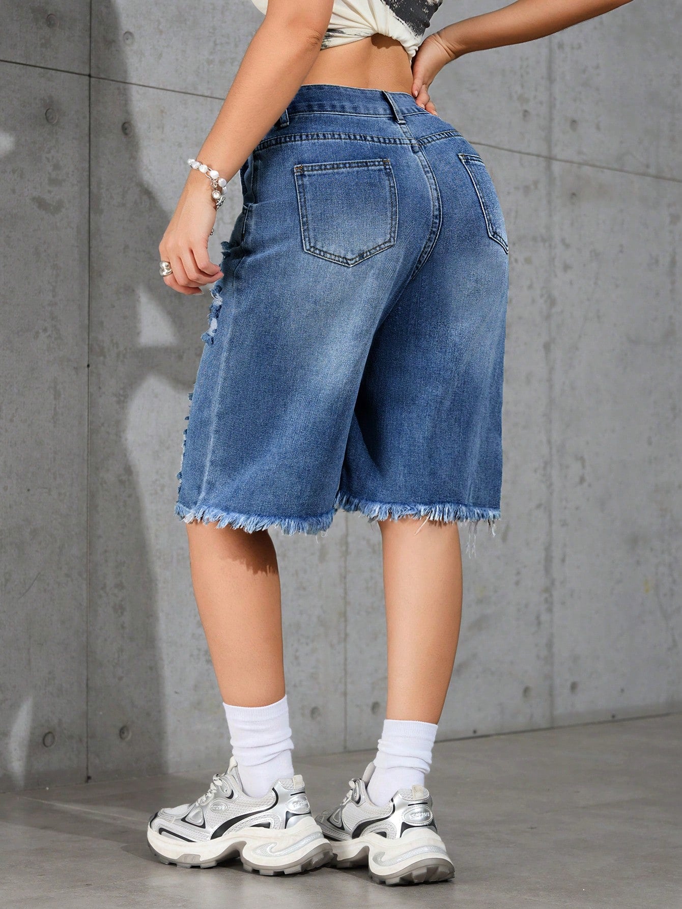 Washed Ombre Distressed Loose Denim Bermuda Shorts