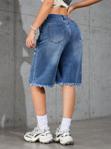Washed Ombre Distressed Loose Denim Bermuda Shorts